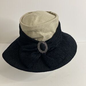 Fancy Hat Womens Small Medium Beige Linen Black Satin Rhinestone Wide Brim